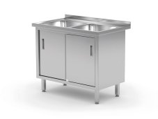 Stůl se 2 dřezy, skříň – svařovaná, s posuvnými dveřmi, HENDI, Profi Line, 1000x600x(H)850mm
